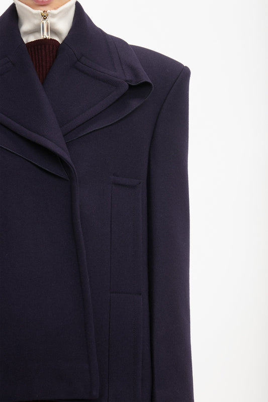 Pointed Shoulder Pea Coat In Ink Blue