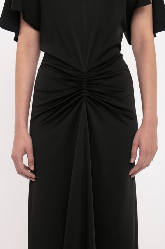 Gathered Waist Floor-Length Dress In Black