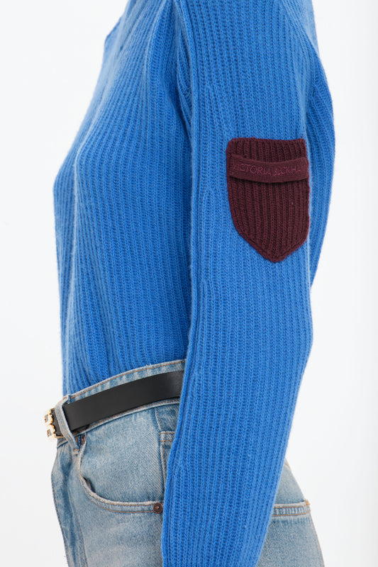 V Neck Knitted Jumper In Regatta Blue