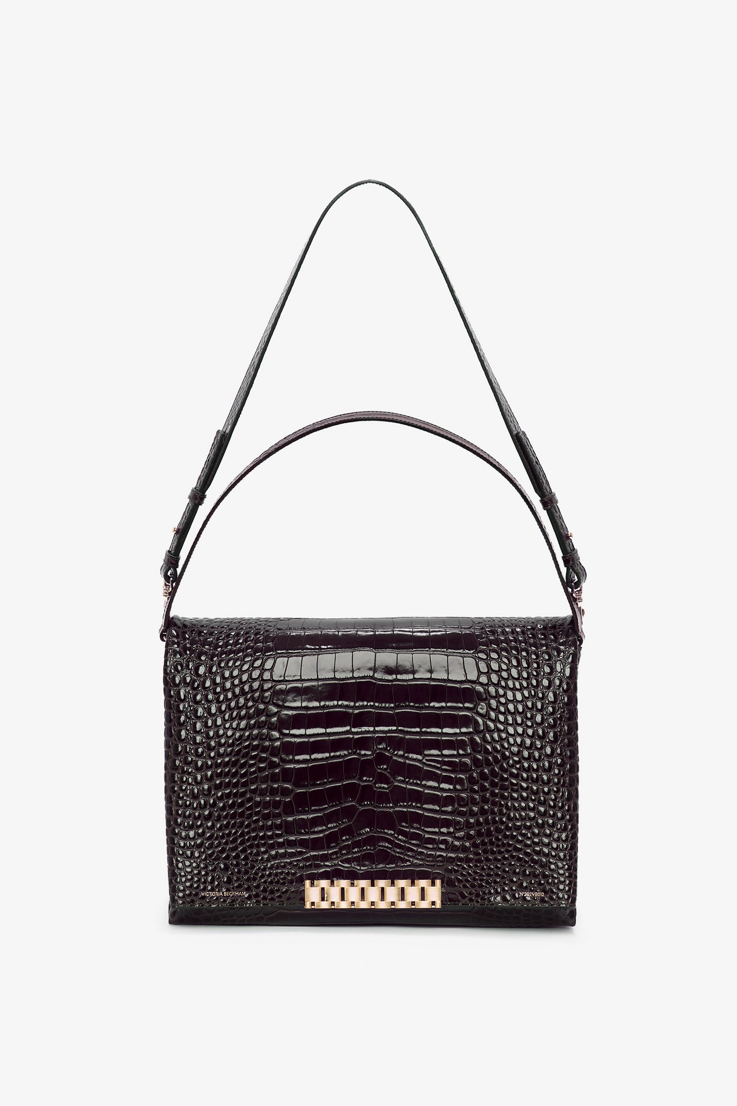 A chic, black textured Jumbo Chain Pouch Bag in Chocolate Croc-Effect Leather by Victoria Beckham featuring a short strap and a gold rectangular clasp detail at the bottom center.