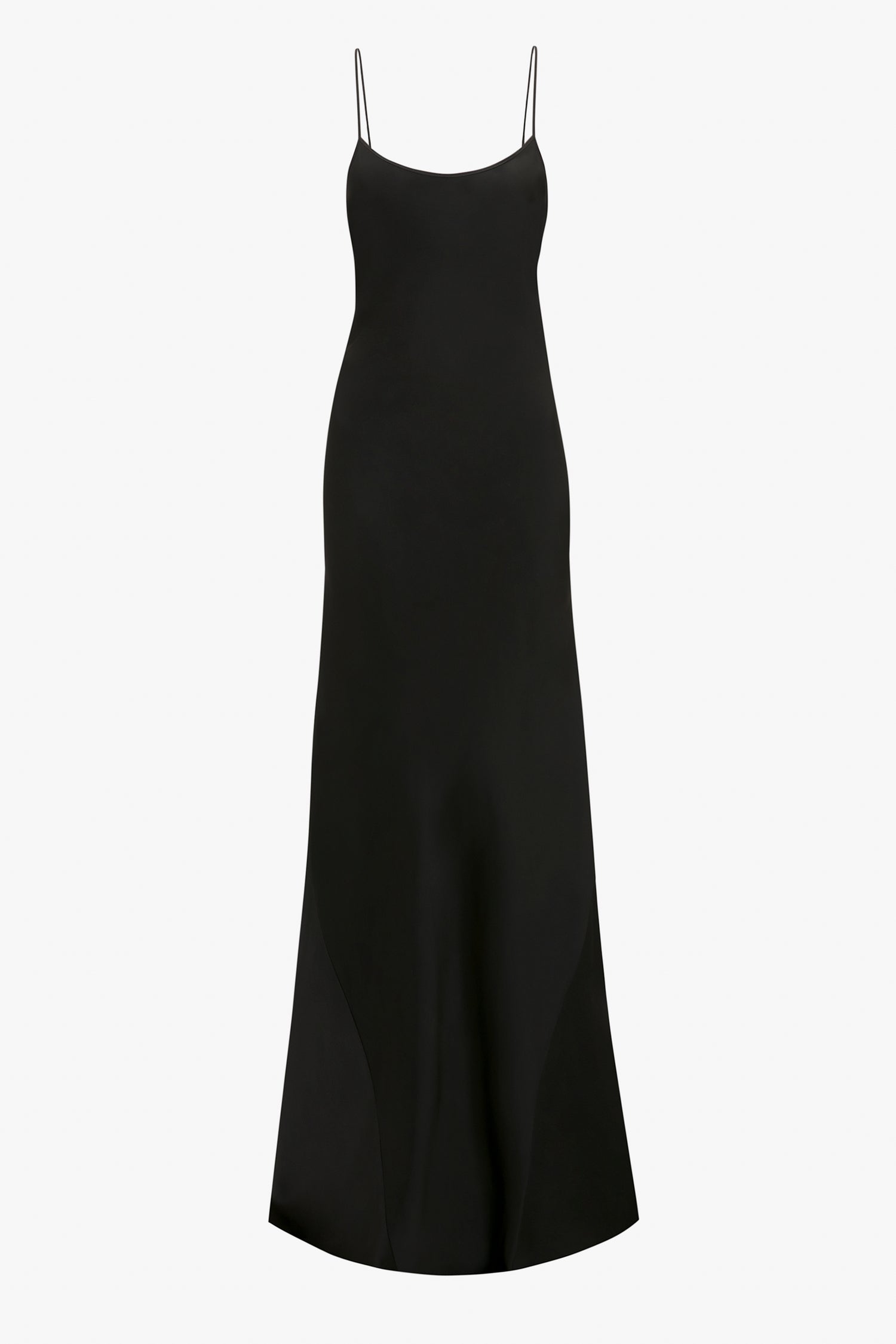 A black, sleeveless, Floor-Length Cami Dress In Black by Victoria Beckham with thin spaghetti straps and a smooth, flowing crepe back satin texture.