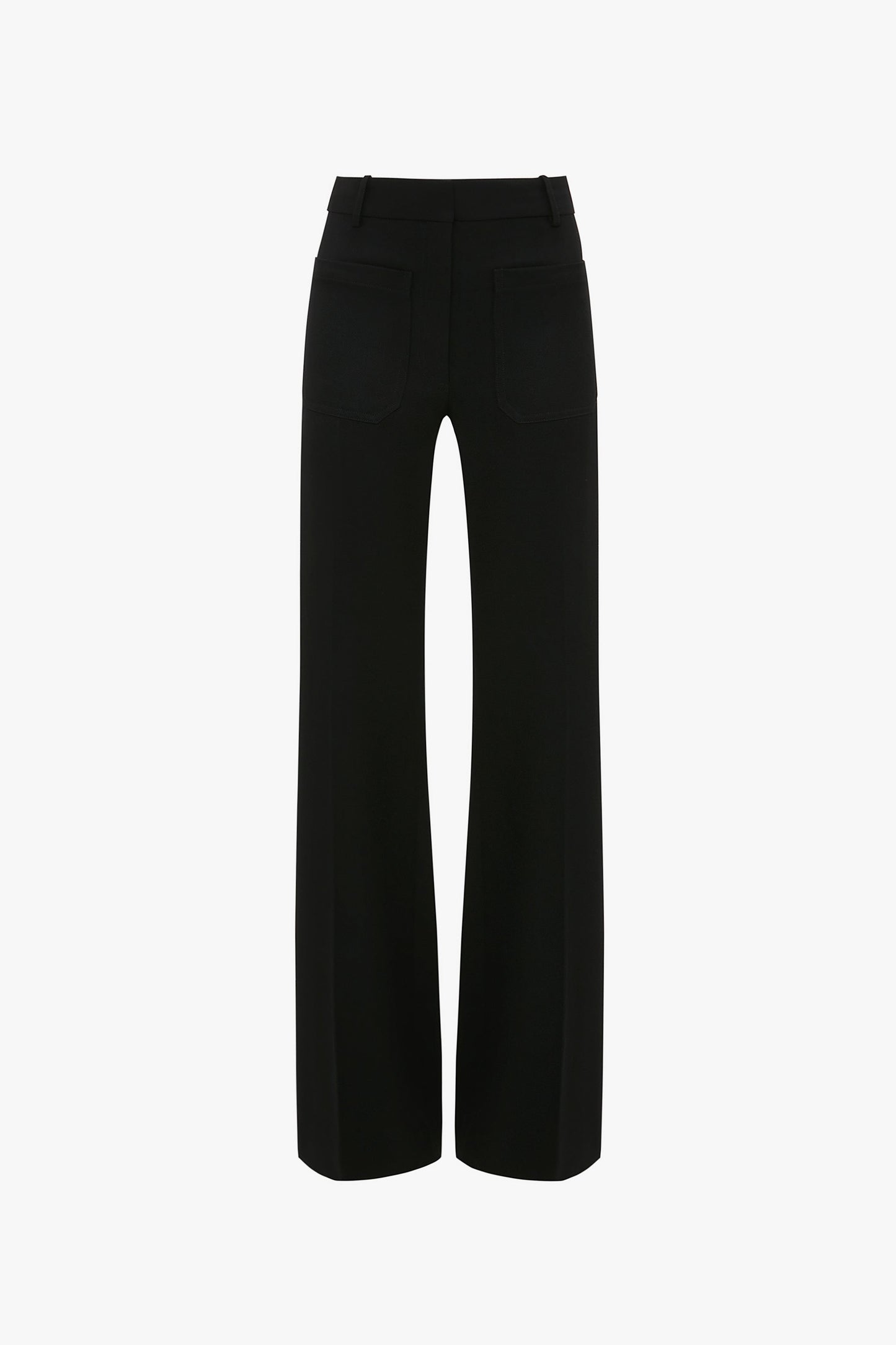 Back view of black high-waisted, wide-leg Alina Tailored Trouser In Black with two rear pockets and belt loops, exuding a 70s style reminiscent of Victoria Beckham's iconic designs by Victoria Beckham.