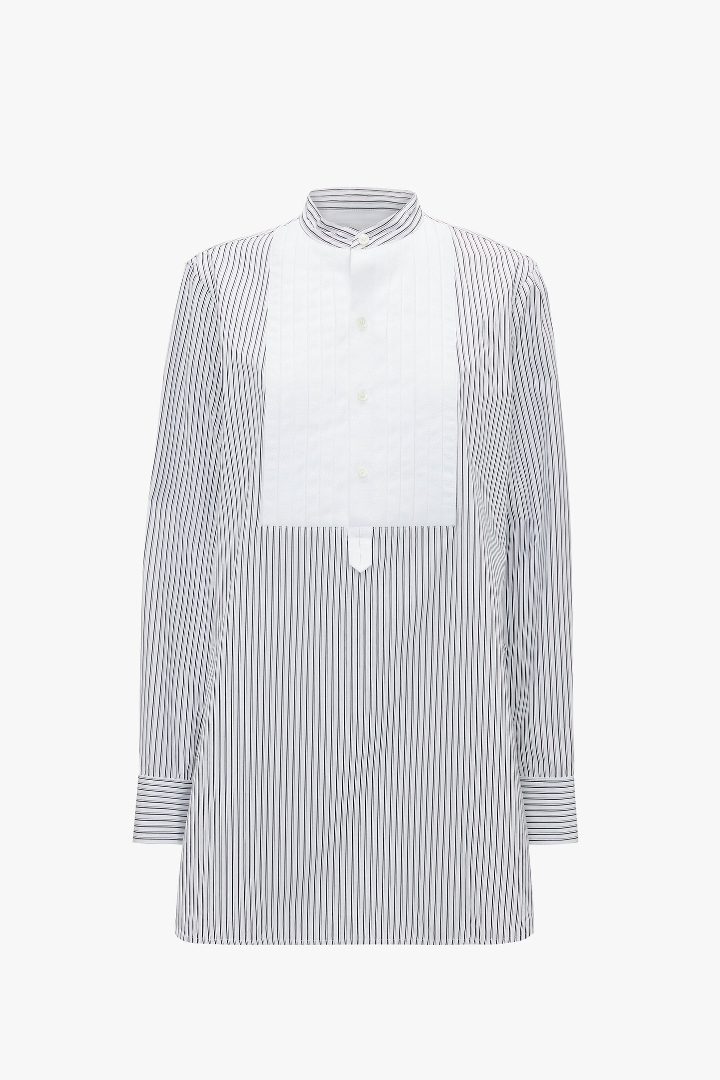 Long-sleeved, Tuxedo Bib Shirt in Black and Off-White featuring a white bib front and a stand collar with a button-up closure, offering a relaxed look perfect for modern menswear silhouettes by Victoria Beckham.