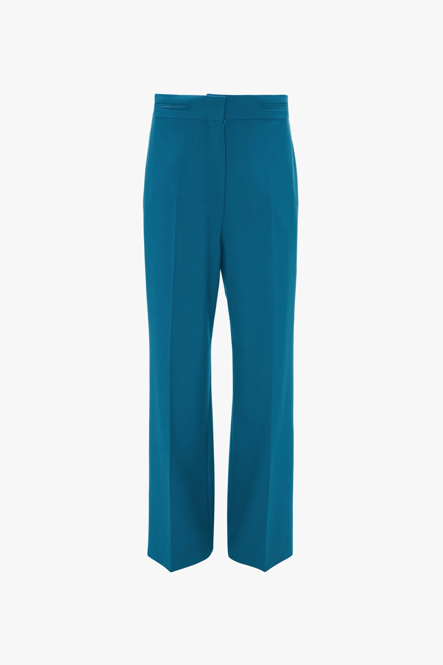 Teal-colored, high-waisted, Waistband Detail Straight Leg Trouser In Petroleum by Victoria Beckham with front pleats.