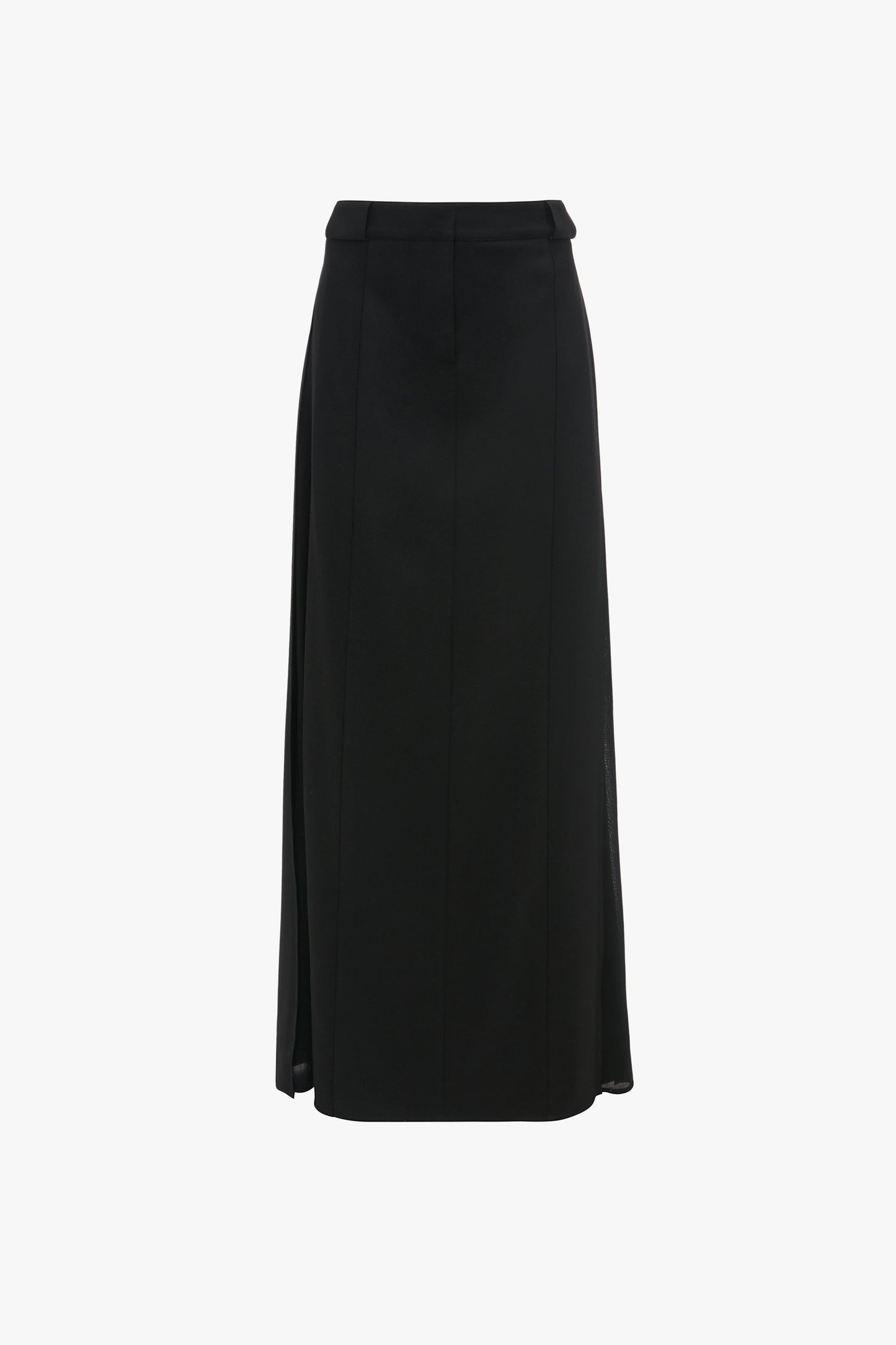 A black, ankle-length, Tailored Floor-Length Skirt In Black by Victoria Beckham with a structured waistband and subtle pleating details creates a sophisticated silhouette.