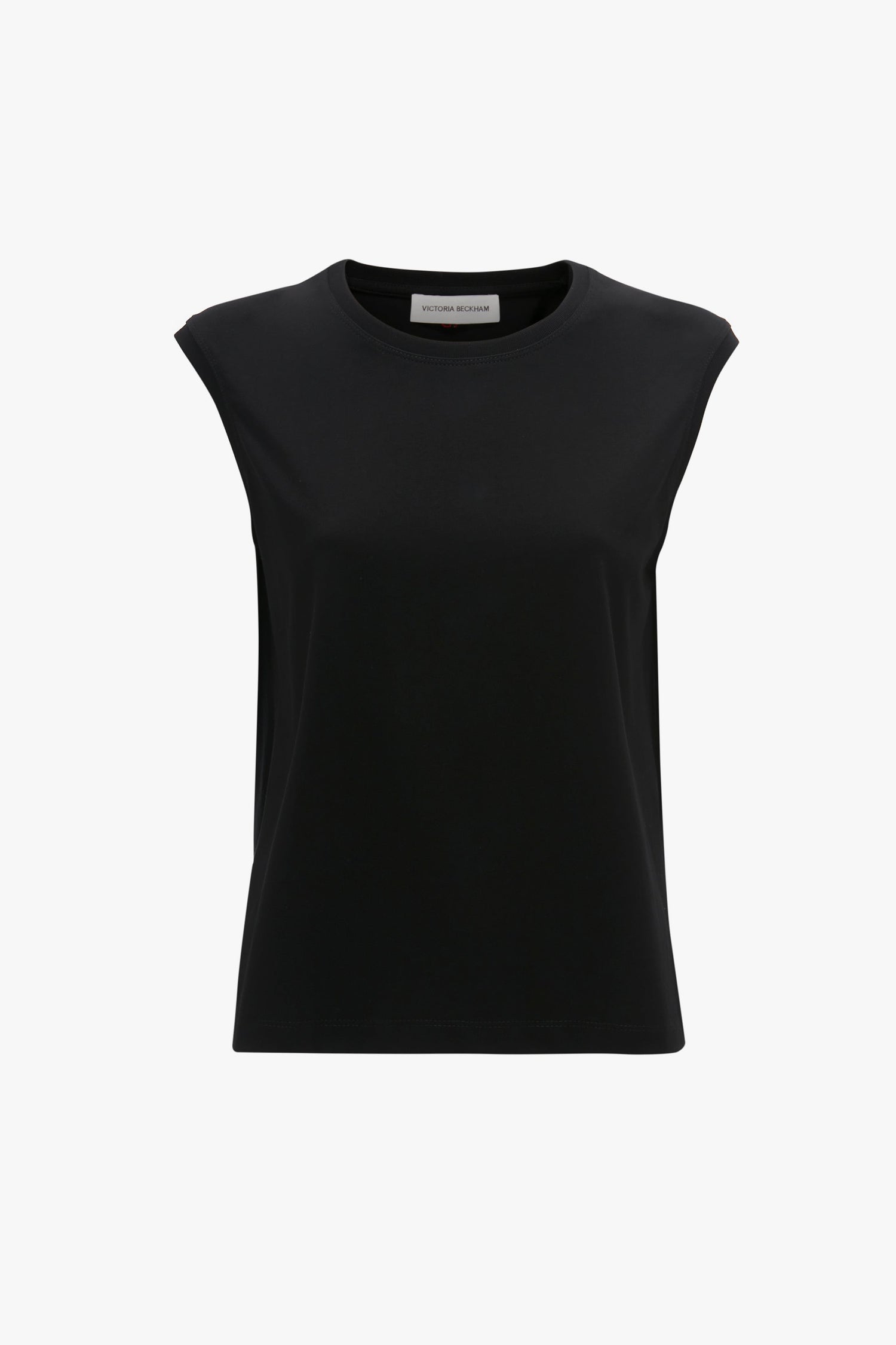 Victoria Beckham's black sleeveless t-shirt on a plain white background.