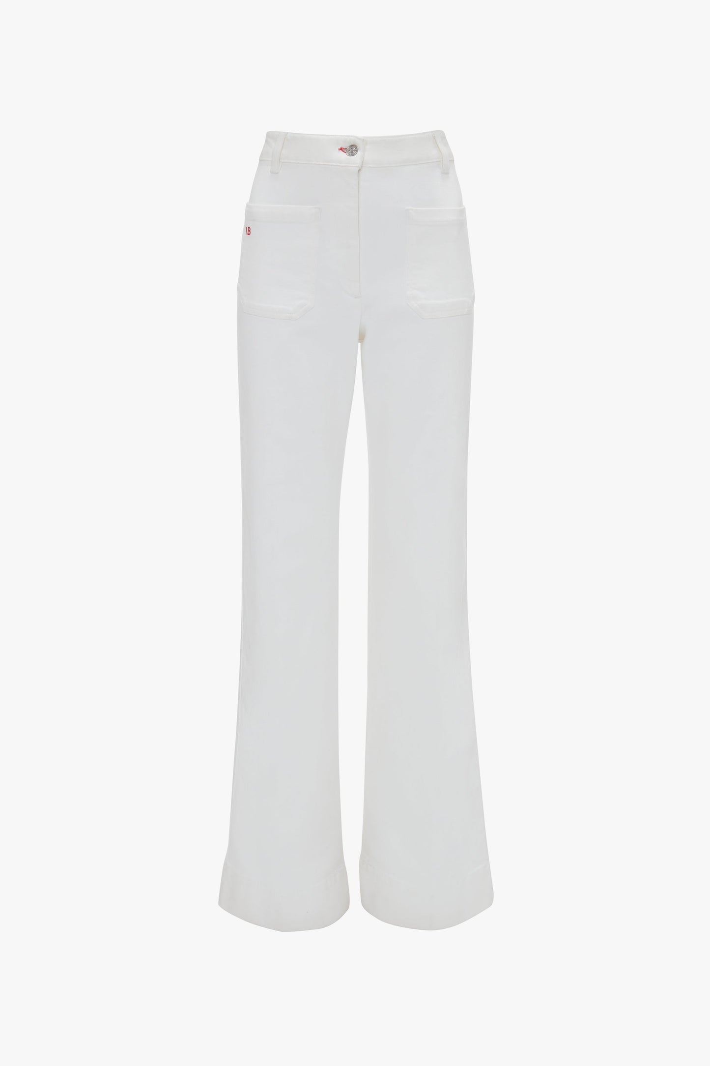 A pair of Alina High Waisted Jean In Washed White by Victoria Beckham with front pockets and a button closure.