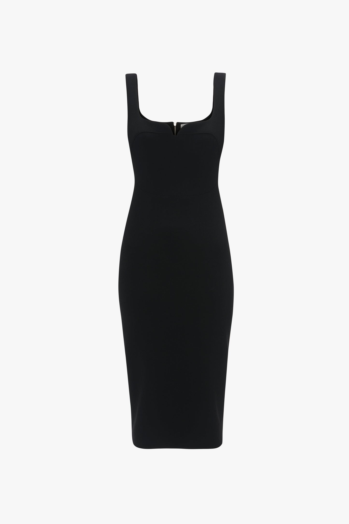 A Sleeveless Fitted T-Shirt Dress In Black from Victoria Beckham with a fitted silhouette and mid-length hem, crafted from stretch double wool crepe. The dress features a square neckline and an exposed double-ended zip for a subtle yet chic detail.