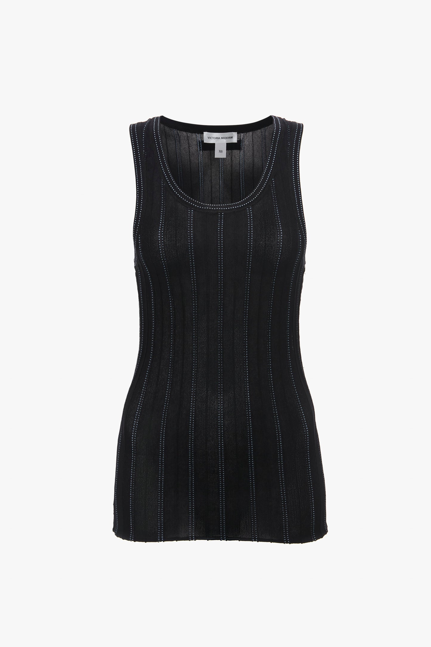 A Victoria Beckham Fine Knit Vertical Stripe Tank In Black-Blue: a black, sleeveless ribbed knit tank top with vertical stitching details, displayed against a white background.