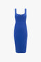 A Victoria Beckham Sleeveless Fitted T-Shirt Dress In Palace Blue with a square neckline and a subtle front zipper detail.