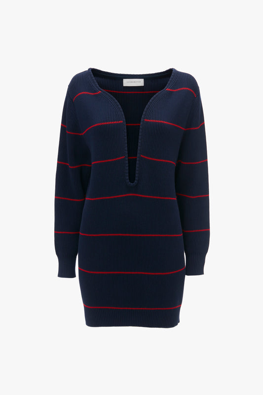 A Victoria Beckham Frame Detail Jumper Dress In Navy-Red.