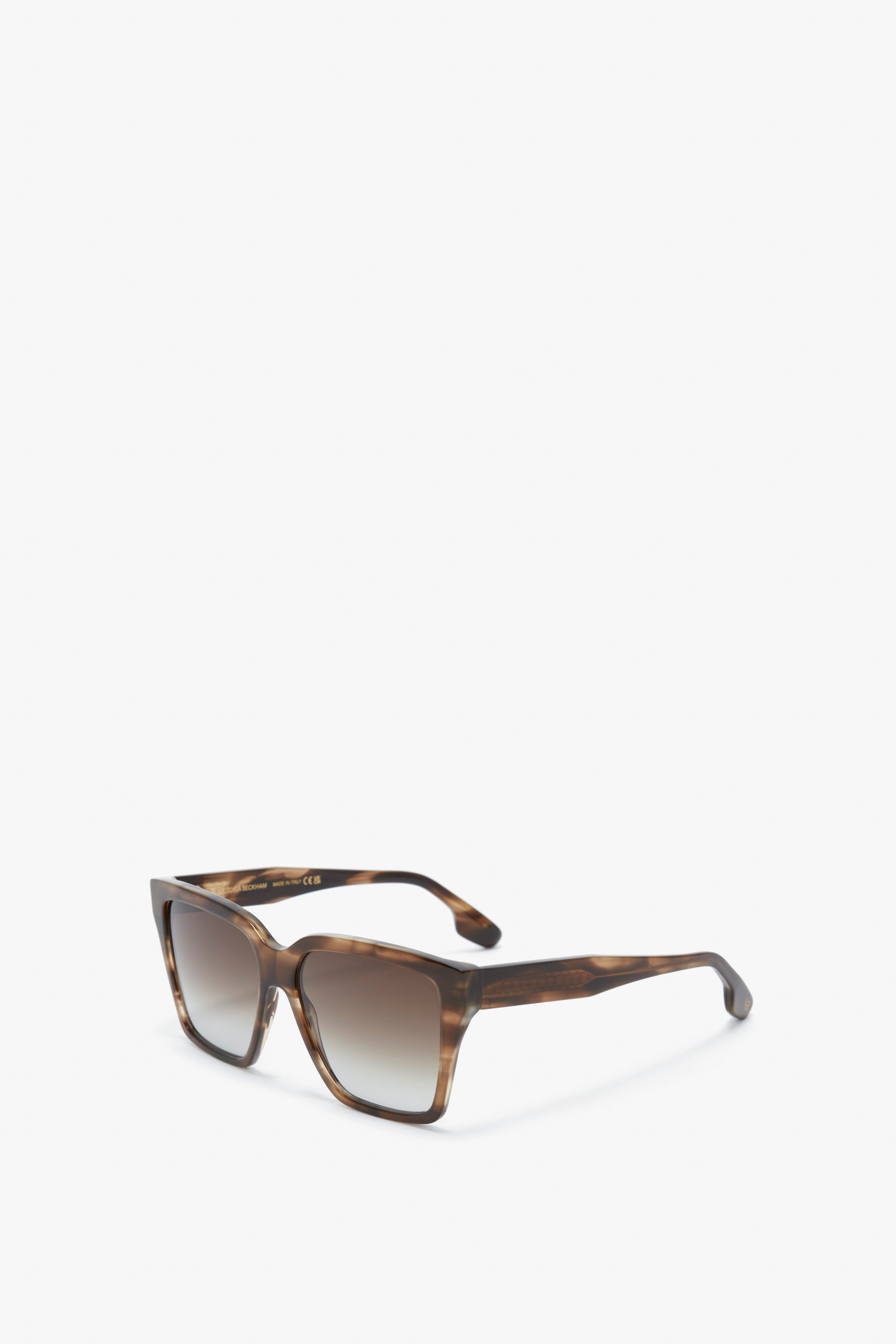 A pair of Victoria Beckham Soft Square Frame Sunglasses In Striped Khaki Havana with gradient lenses, positioned against a white background.