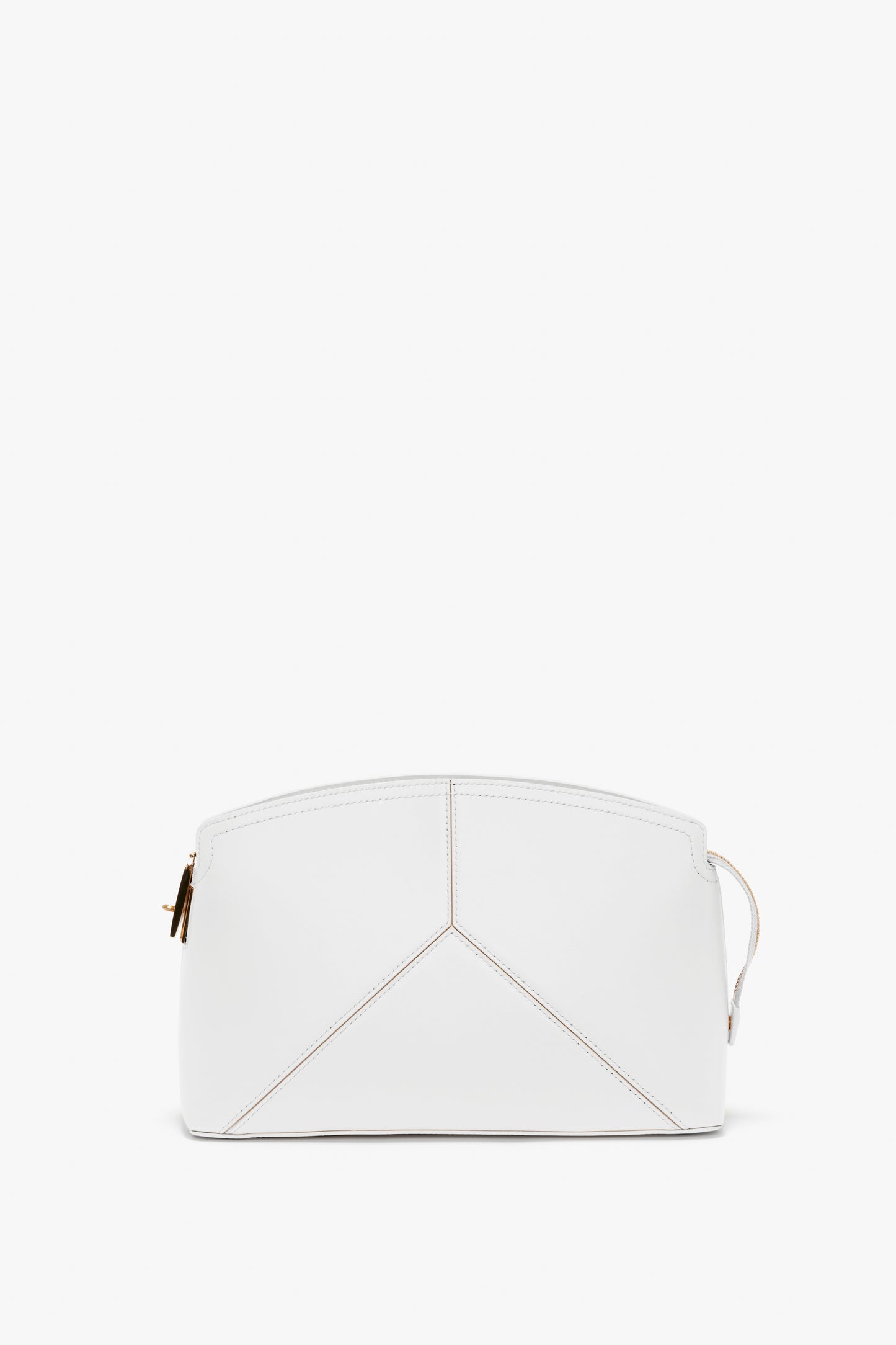 A white leather pouch with a zip closure and a minimalist, structured design, featuring subtle stitching patterns on the front has been replaced with the Exclusive Victoria Clutch Bag In White Leather by Victoria Beckham.