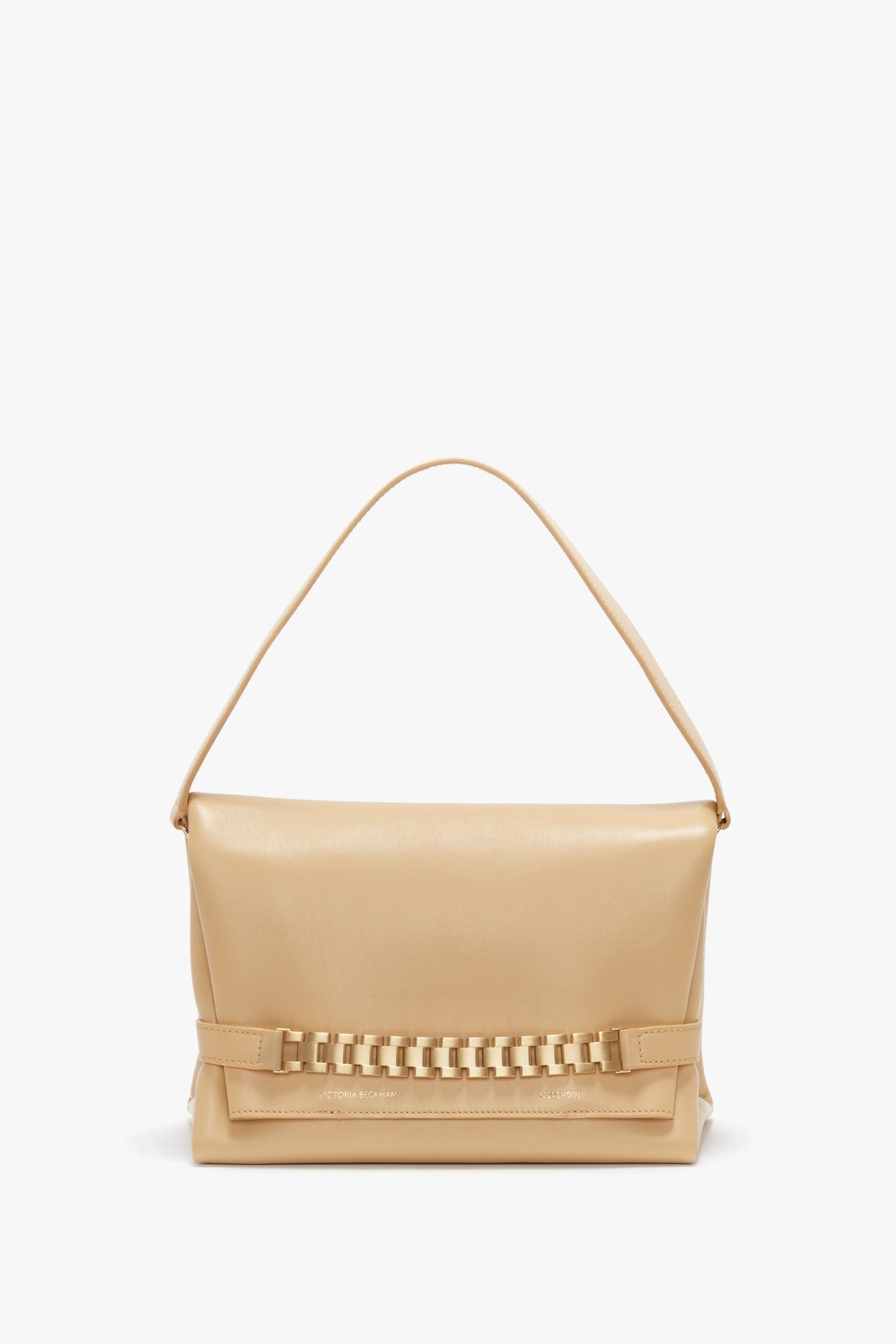 Chain Pouch Bag With Strap In Sesame Leather by Victoria Beckham with a single top handle, featuring a woven strap detail across the front and a gold chain detail for added elegance.