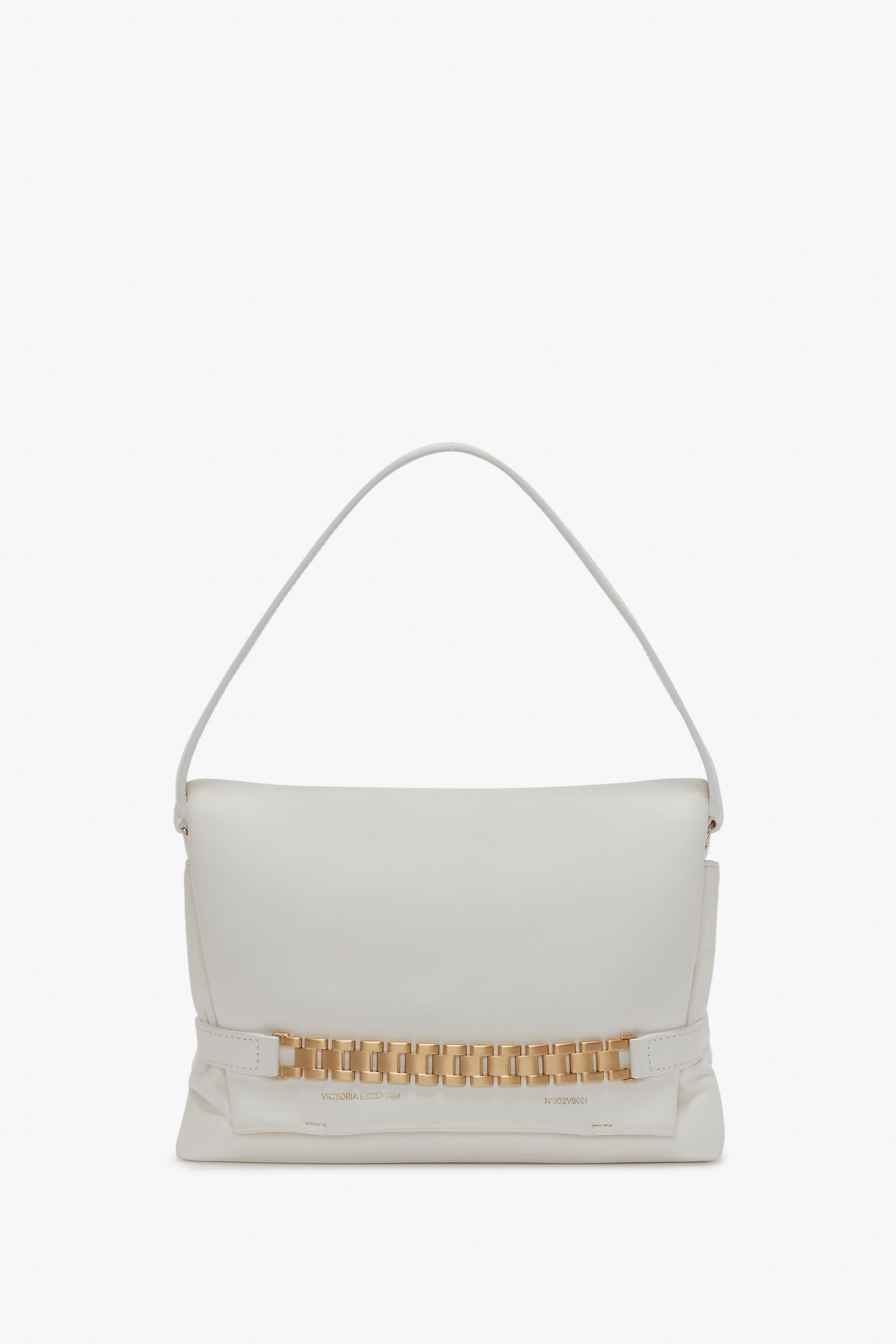 A white Victoria Beckham Puffy Chain Pouch Bag With Strap In White Leather featuring a single strap and a gold chain detail on the front.