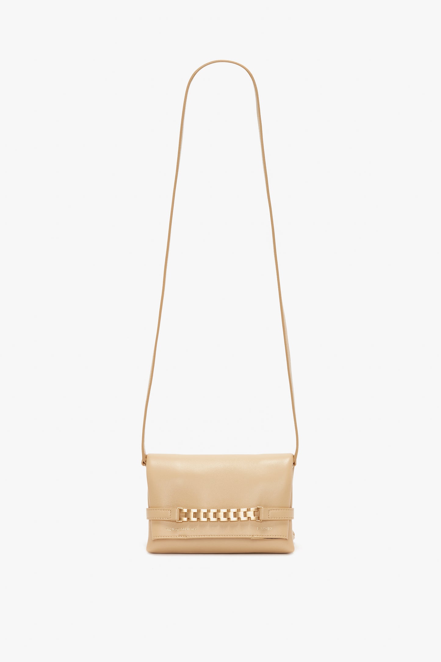 A Mini Chain Pouch With Long Strap In Sesame Leather by Victoria Beckham, set against a plain white background.