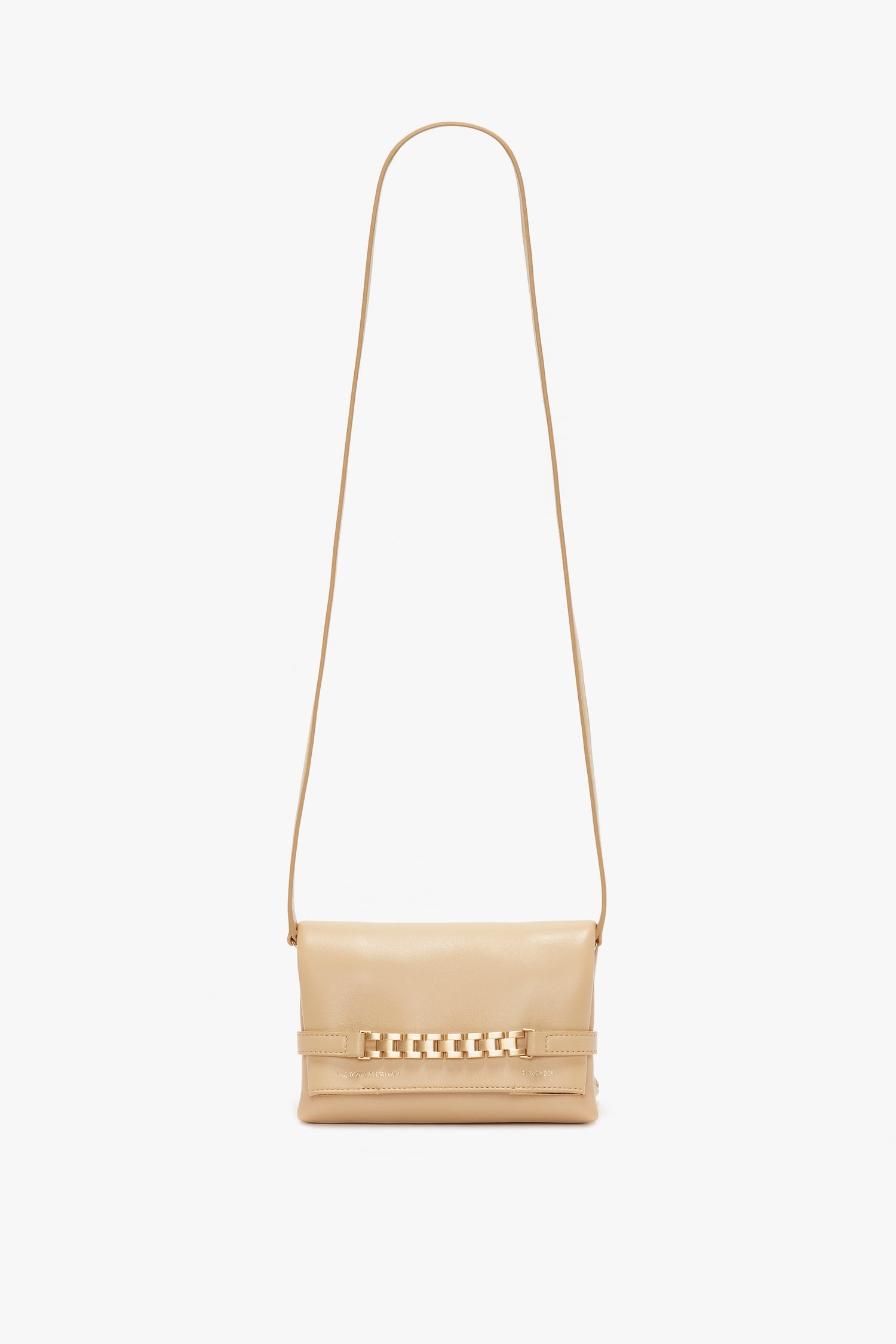 A Mini Chain Pouch With Long Strap In Sesame Leather by Victoria Beckham, set against a plain white background.