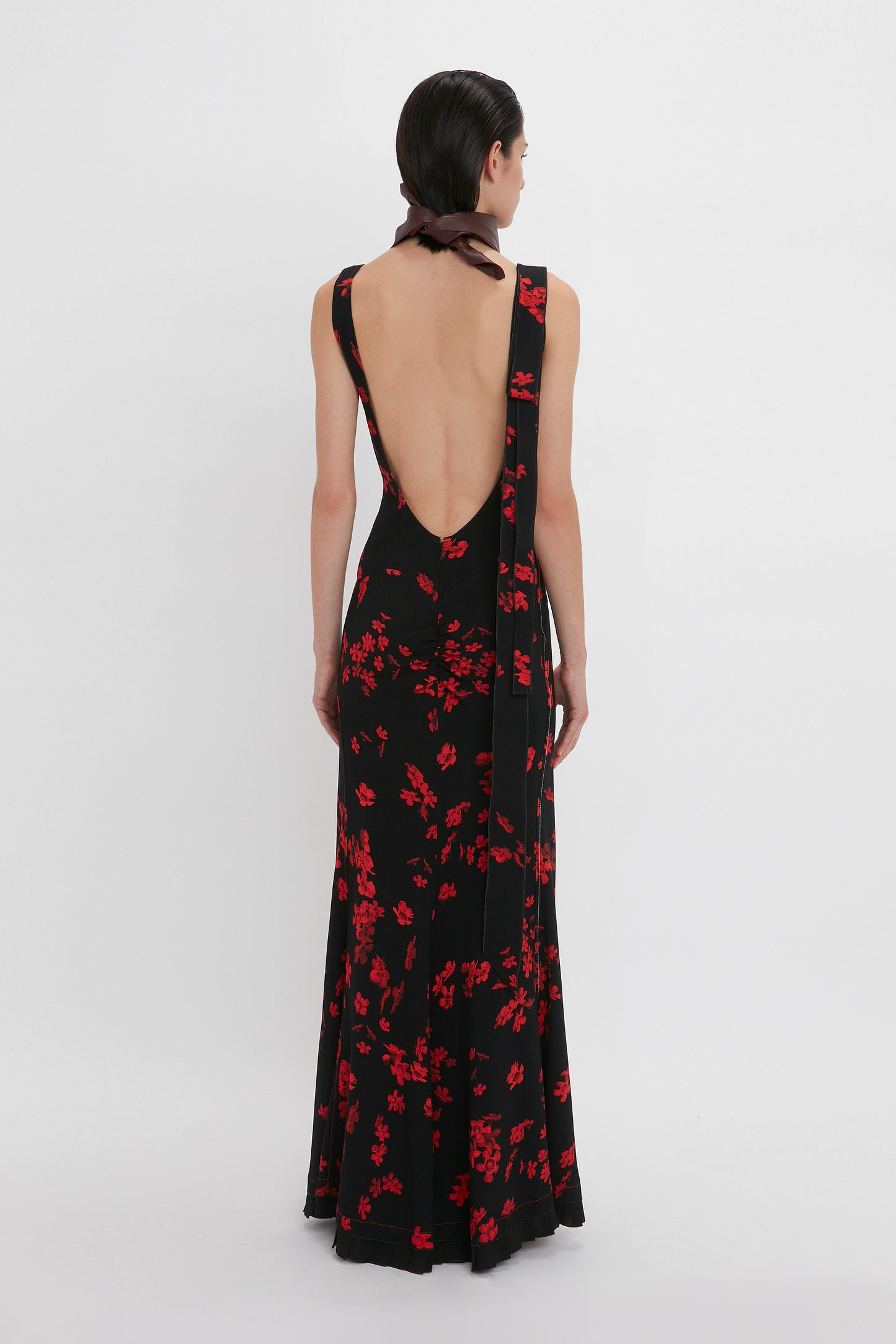 V-Neck Gathered Waist Gown In Sci-Fi Black Floral