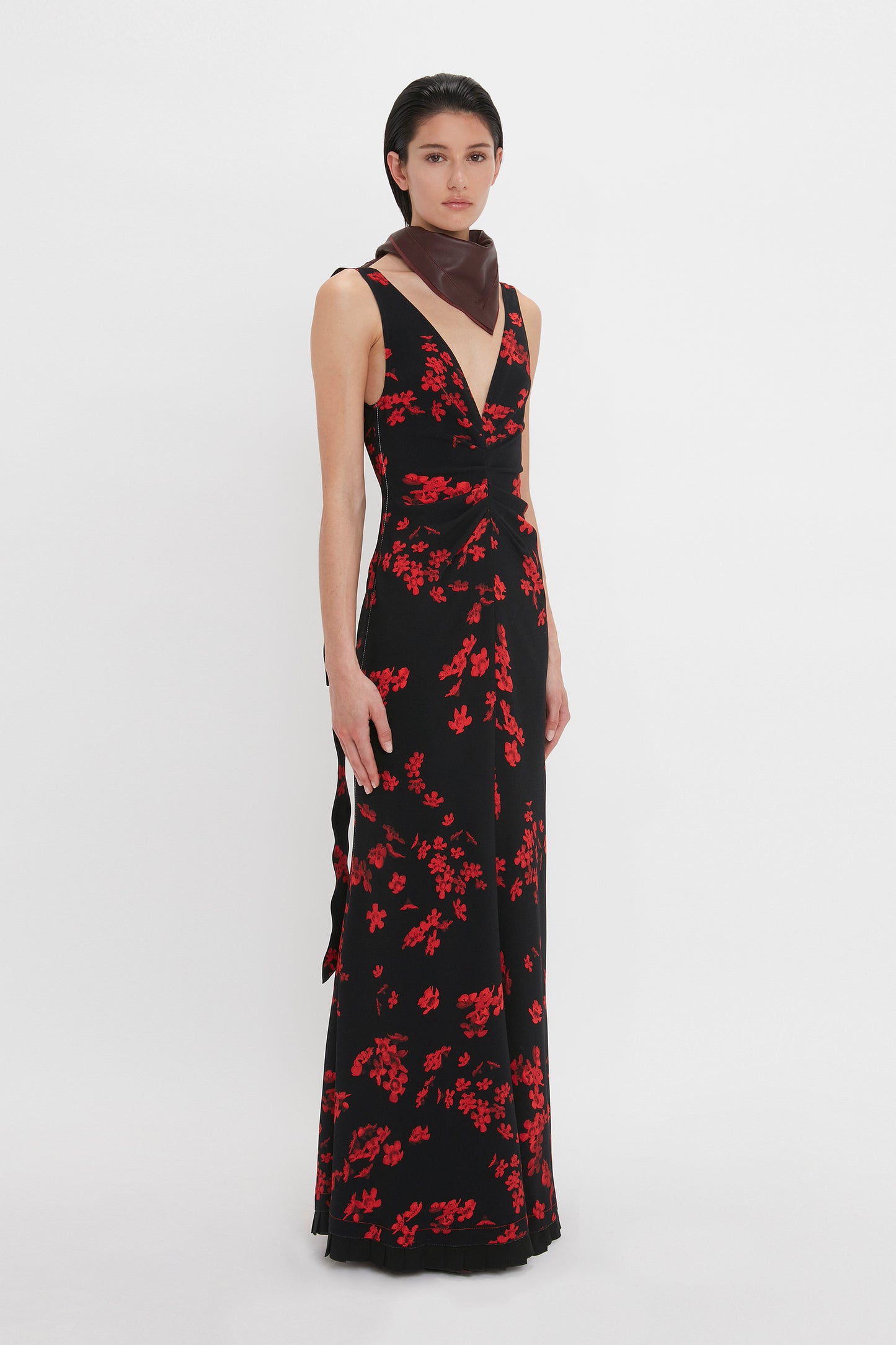 V-Neck Gathered Waist Gown In Sci-Fi Black Floral