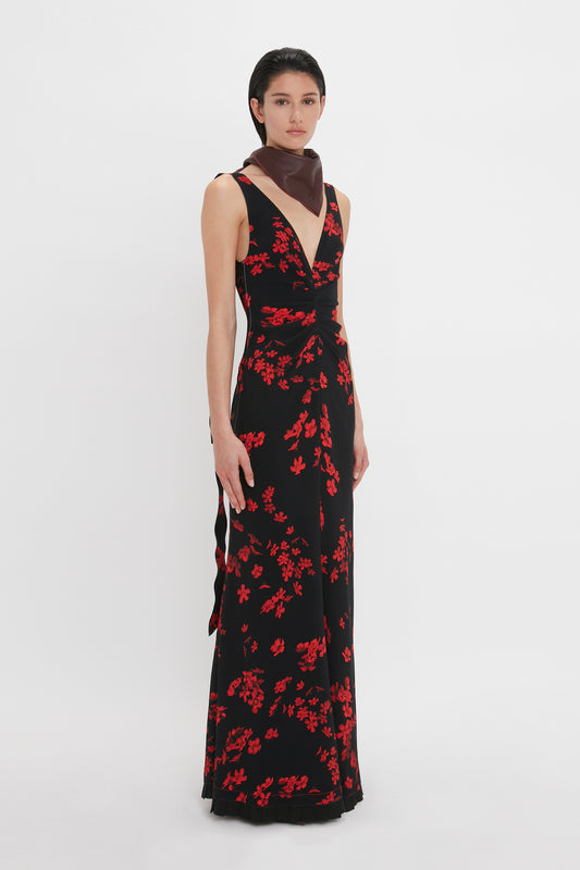 V-Neck Gathered Waist Gown In Sci-Fi Black Floral