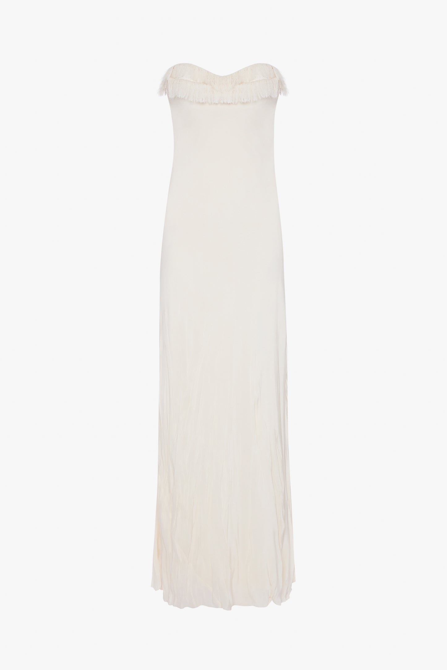 A plain, off-white maxi dress with a strapless sweetheart neckline and a slightly crinkled texture, displayed against a white background. 
Product Name: Victoria Beckham Exclusive Floor-Length Corset Detail Gown In Ivory