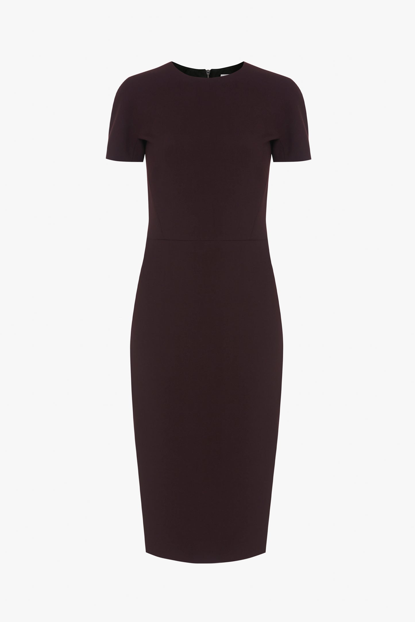 A Victoria Beckham deep mahogany fitted t-shirt dress on a white background.