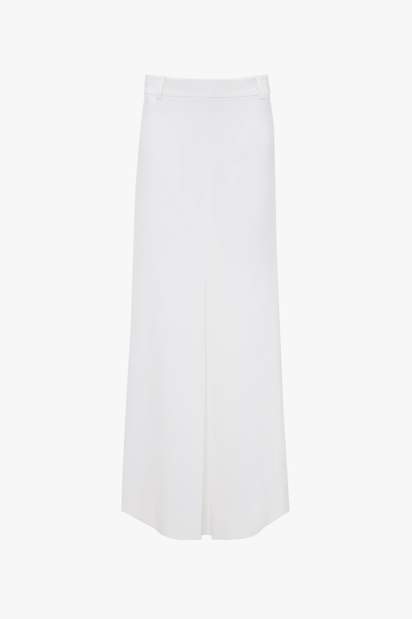 An ivory, high-waisted, Exclusive Tailored Floor-Length Pleated Skirt In Ivory crafted from recycled wool by Victoria Beckham, featuring a central front slit and belt loops at the waist.