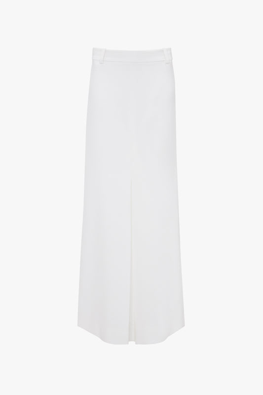 An ivory, high-waisted, Exclusive Tailored Floor-Length Pleated Skirt In Ivory crafted from recycled wool by Victoria Beckham, featuring a central front slit and belt loops at the waist.