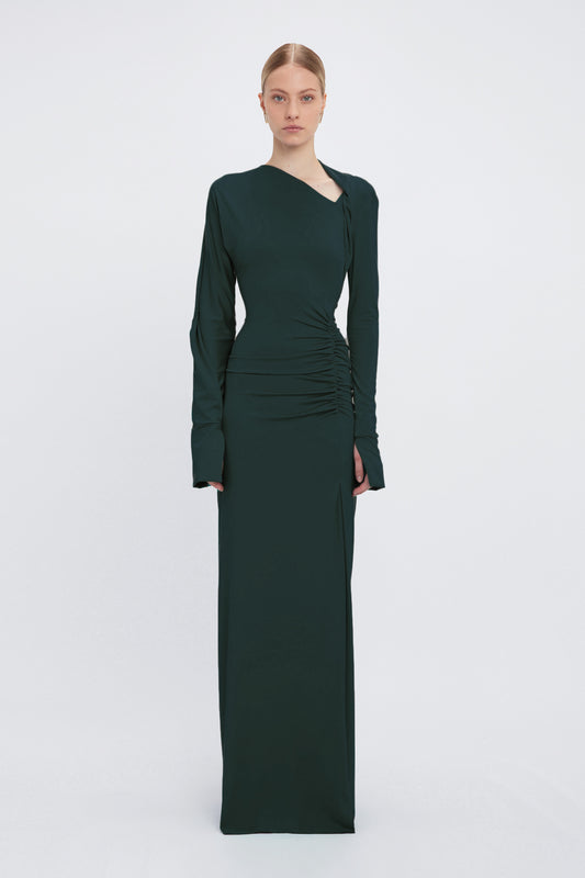 Long Sleeve Slash-Neck Jersey Floor-Length Gown In Seaweed