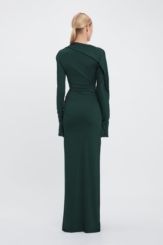 Long Sleeve Slash-Neck Jersey Floor-Length Gown In Seaweed