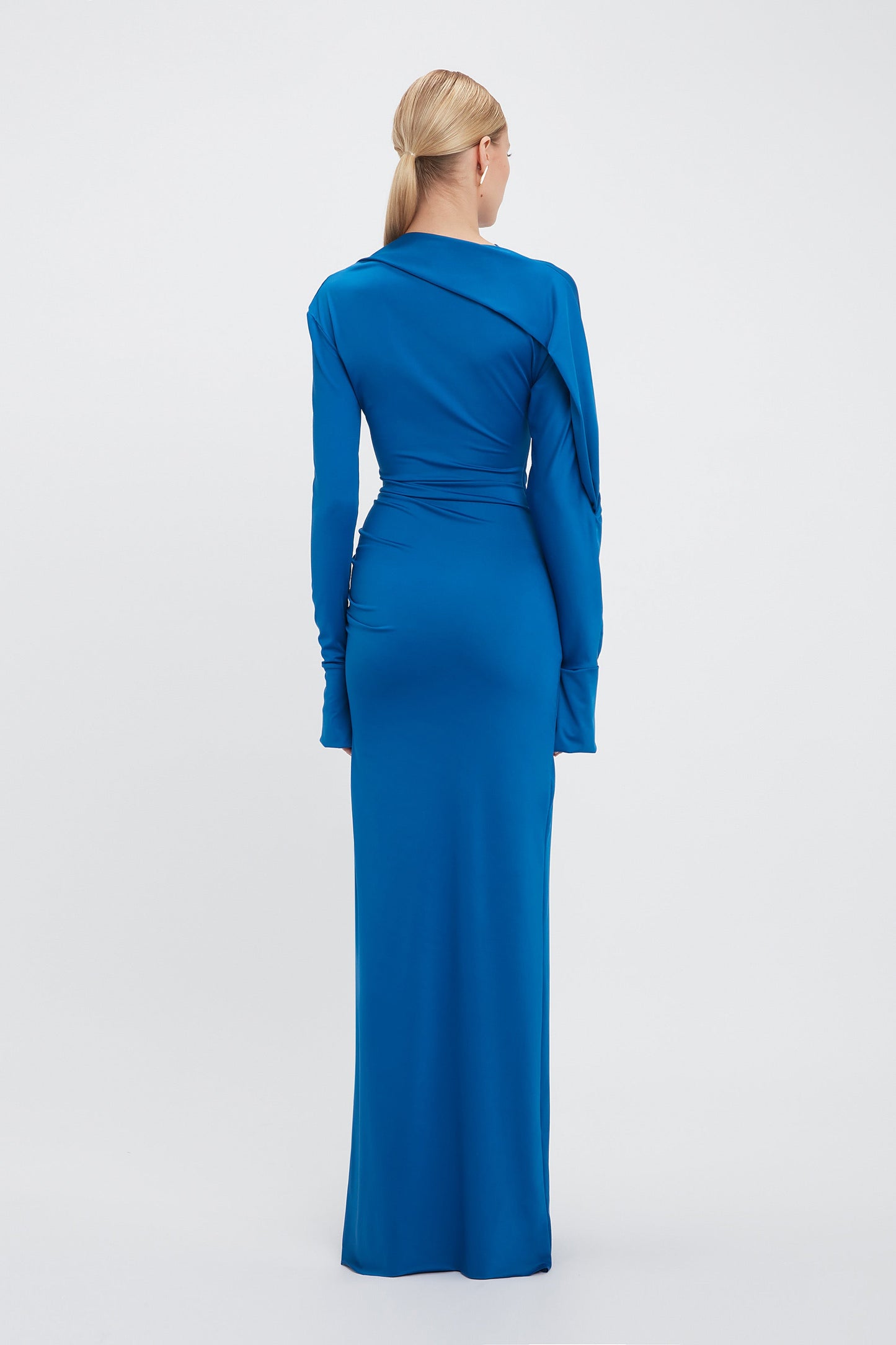 Long Sleeve Slash-Neck Jersey Floor-Length Gown In Ocean Blue