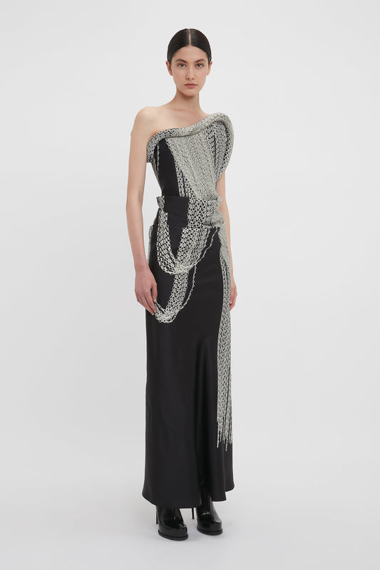 Asymmetric Corset Detail Gown In Black Chain Print