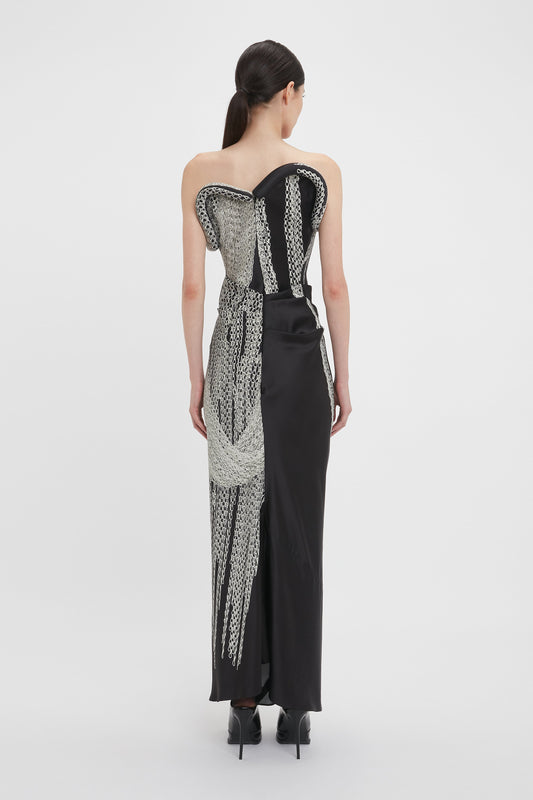 Asymmetric Corset Detail Gown In Black Chain Print