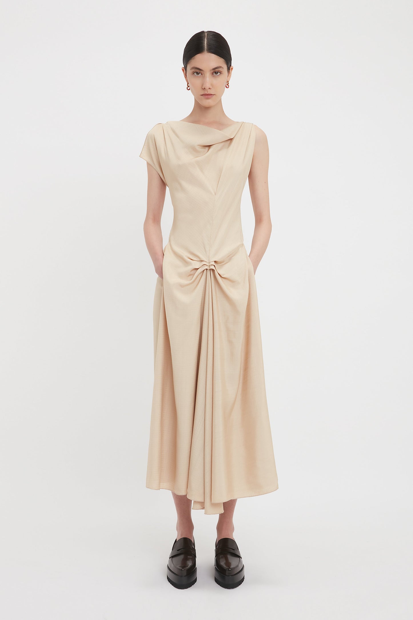 Deconstructed Gathered Waist Midi Dress In Pink Mist