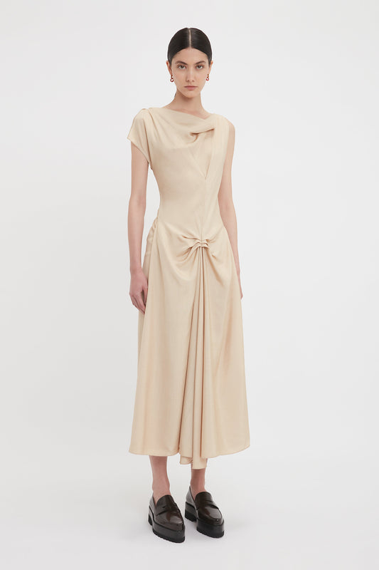 Deconstructed Gathered Waist Midi Dress In Pink Mist