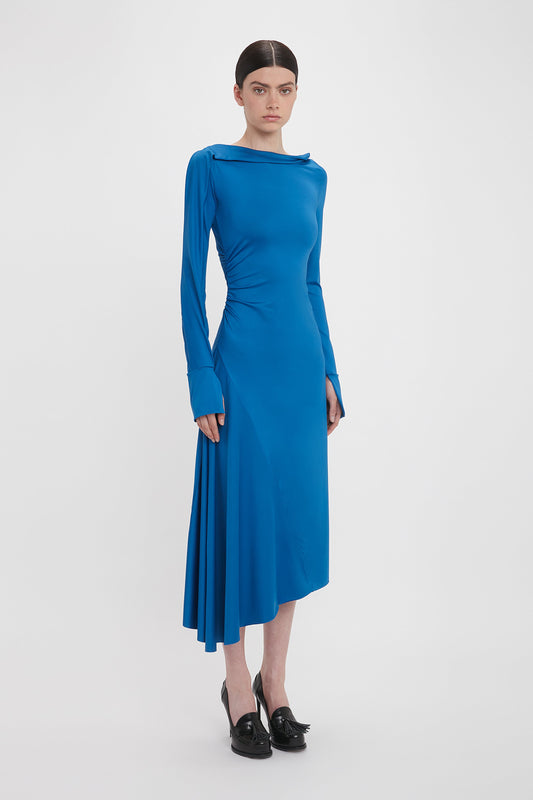 Long Sleeve Draped Jersey Midi Dress In Ocean Blue