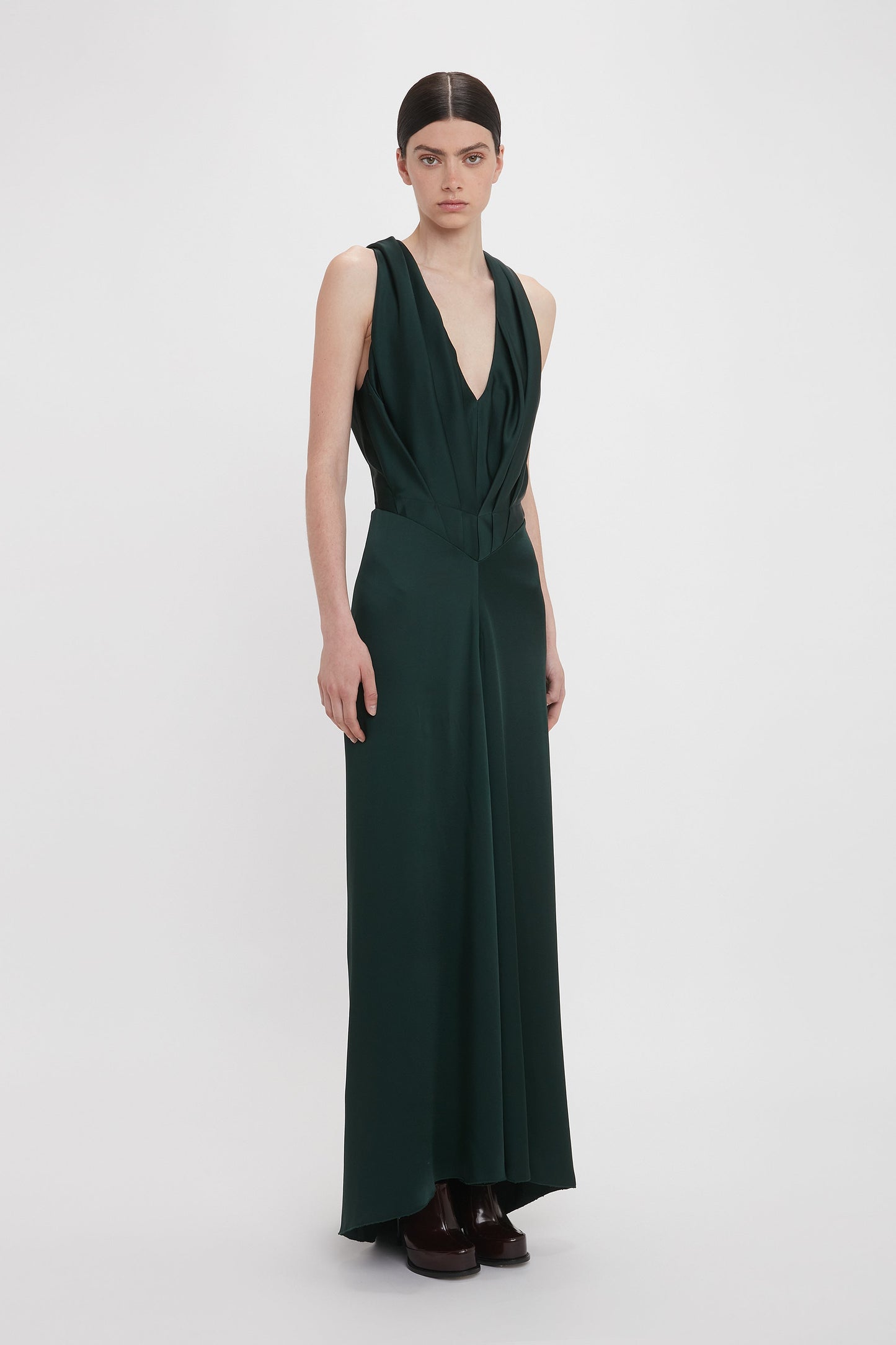 V-Neck Gathered Floor-Length Dress In Seaweed