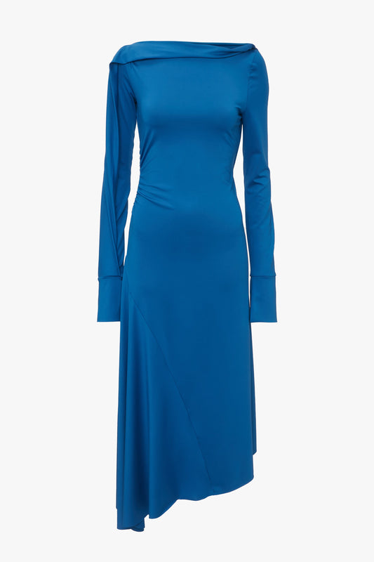 Long Sleeve Draped Jersey Midi Dress In Ocean Blue