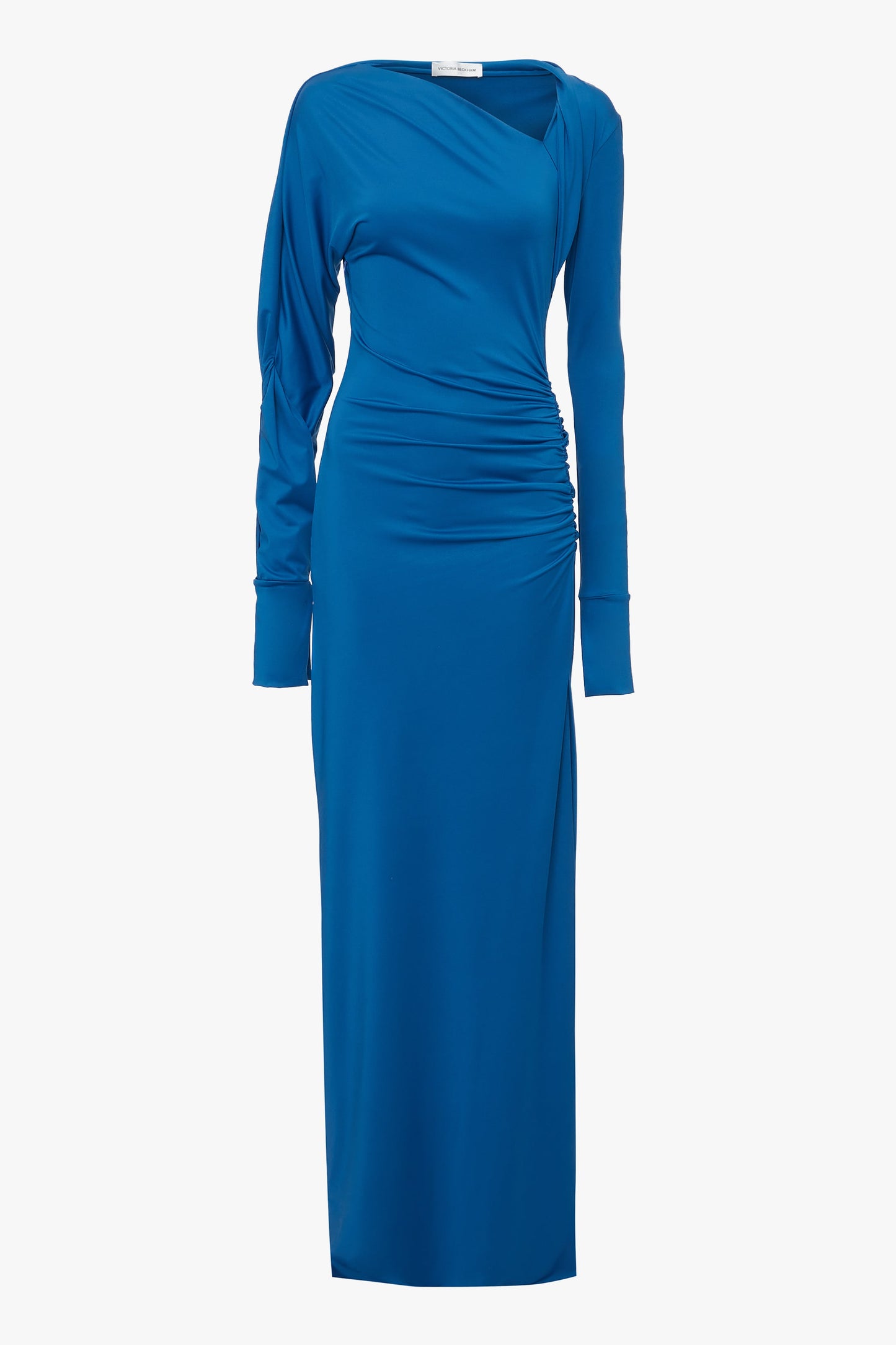 Long Sleeve Slash-Neck Jersey Floor-Length Gown In Ocean Blue