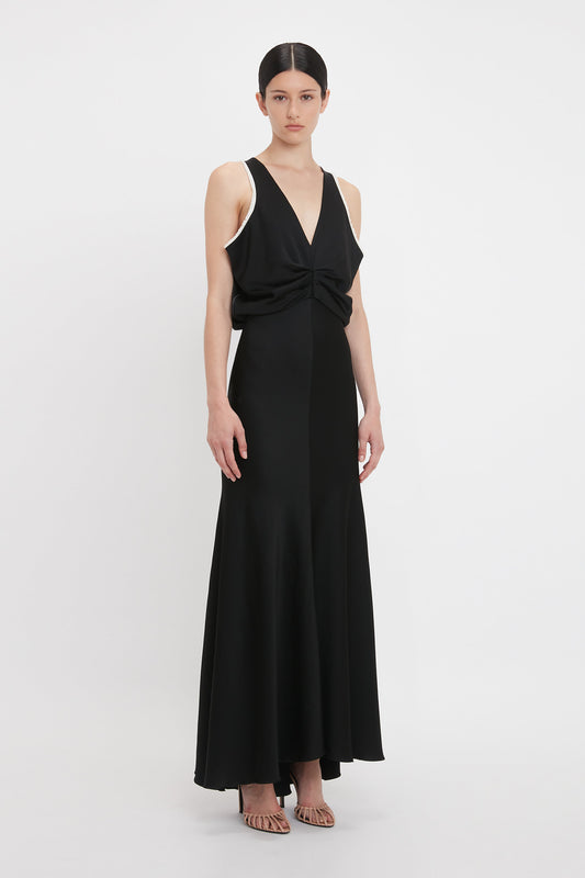 Draped Armhole Detail V-Neck Gown In Black