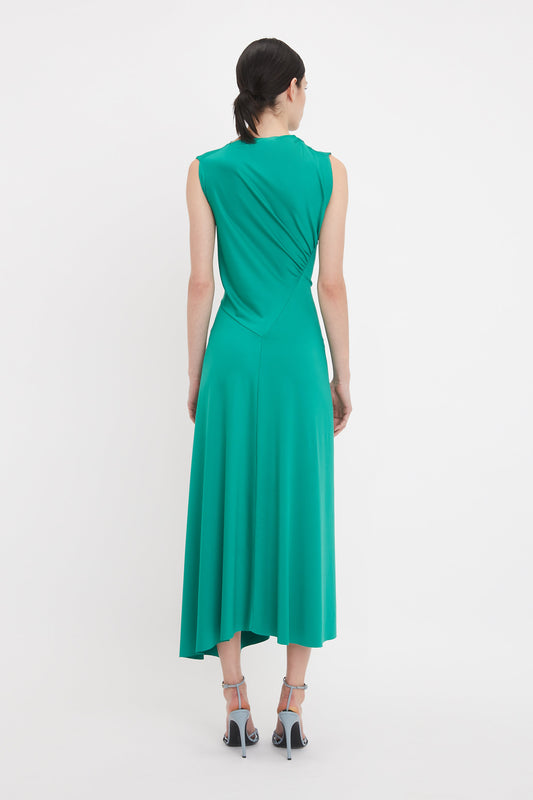 Asymmetric Drape Midi Dress In Peacock