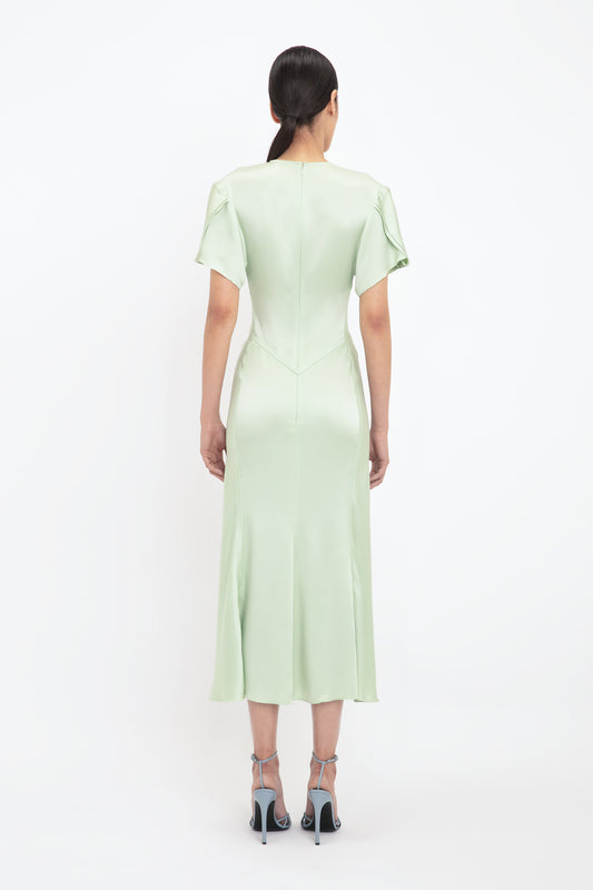 Gathered V-Neck Midi Dress In Jade