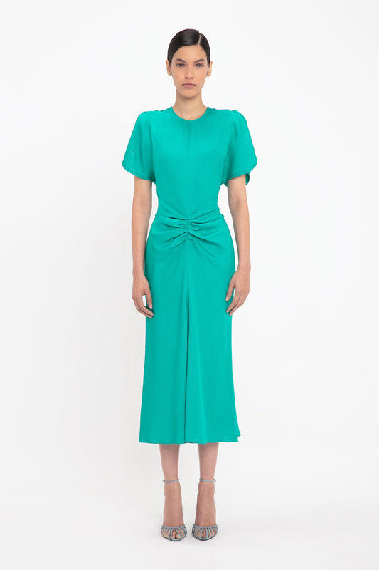 Gathered Waist Midi Dress In Peacock