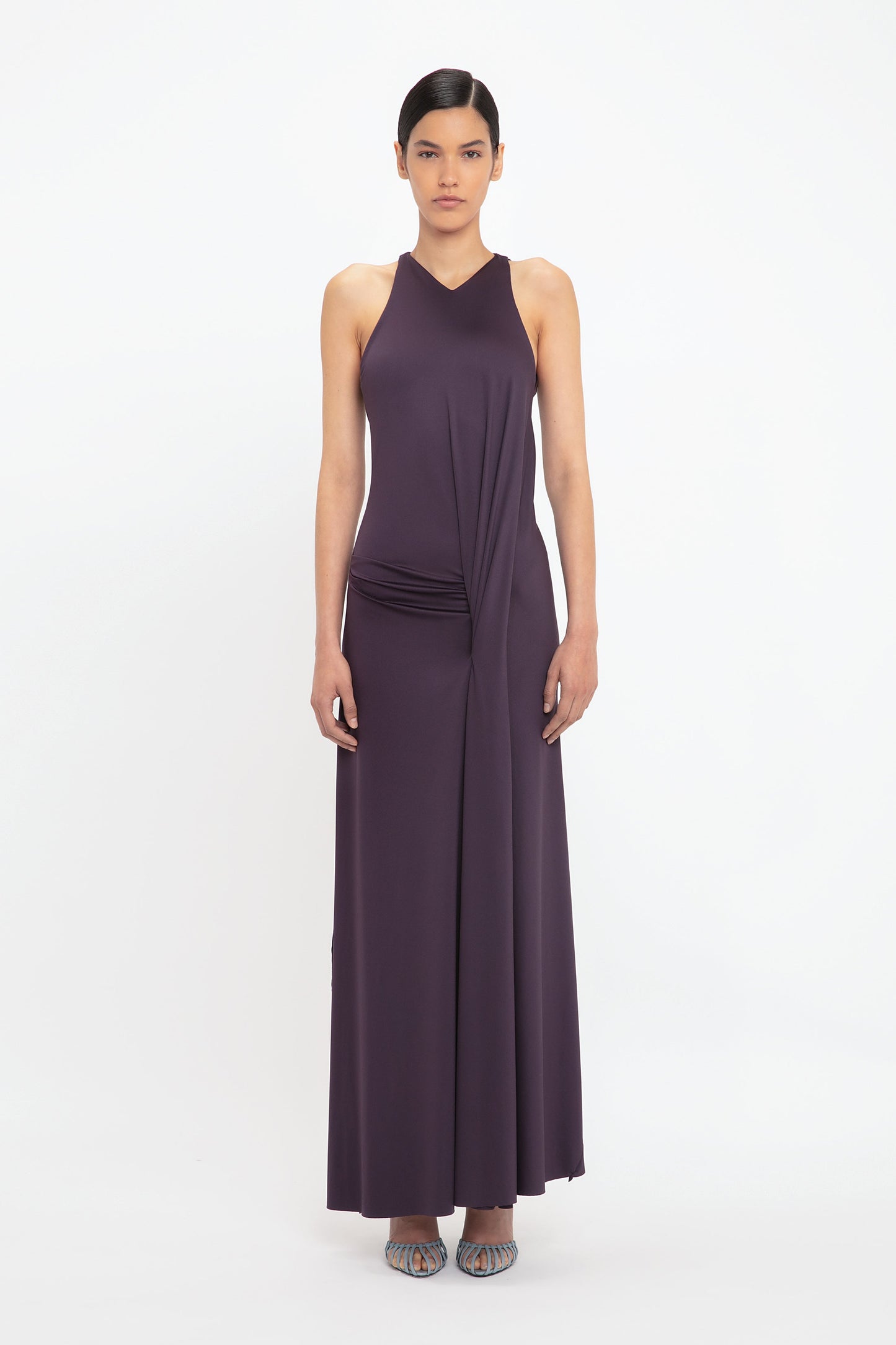 Sleeveless Drape Front Gown In Fig