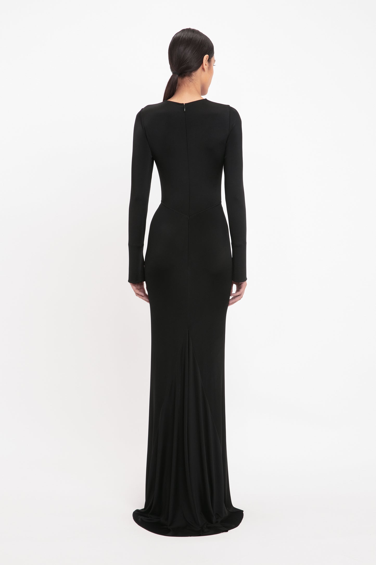 Long Sleeve Gathered Floor-Length Dress In Black