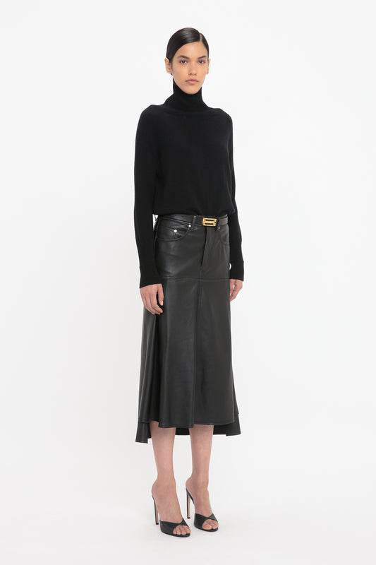 Panelled Flare Skirt In Soft Black Leather