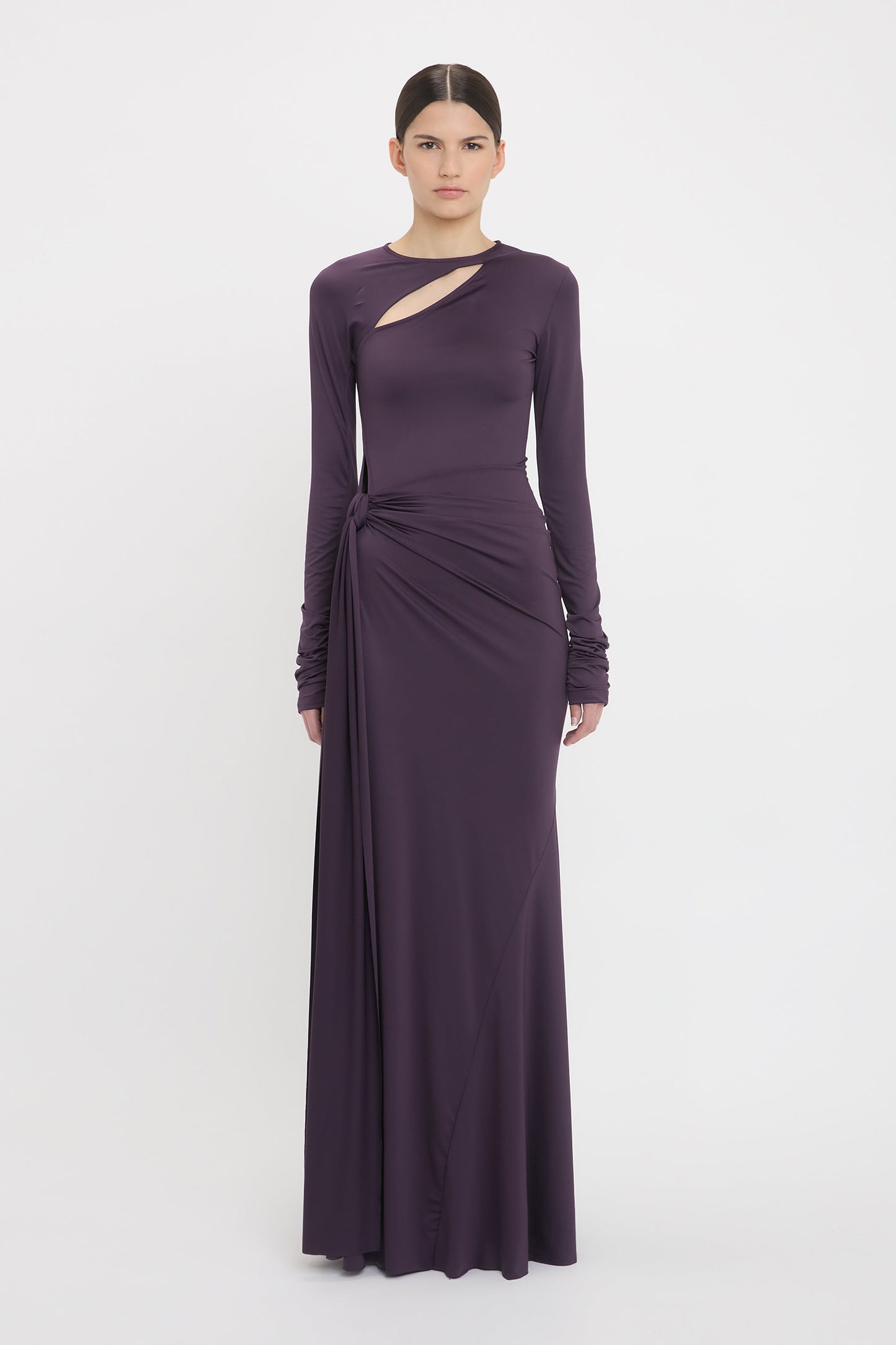 Long Sleeve Tie Front Gown In Fig