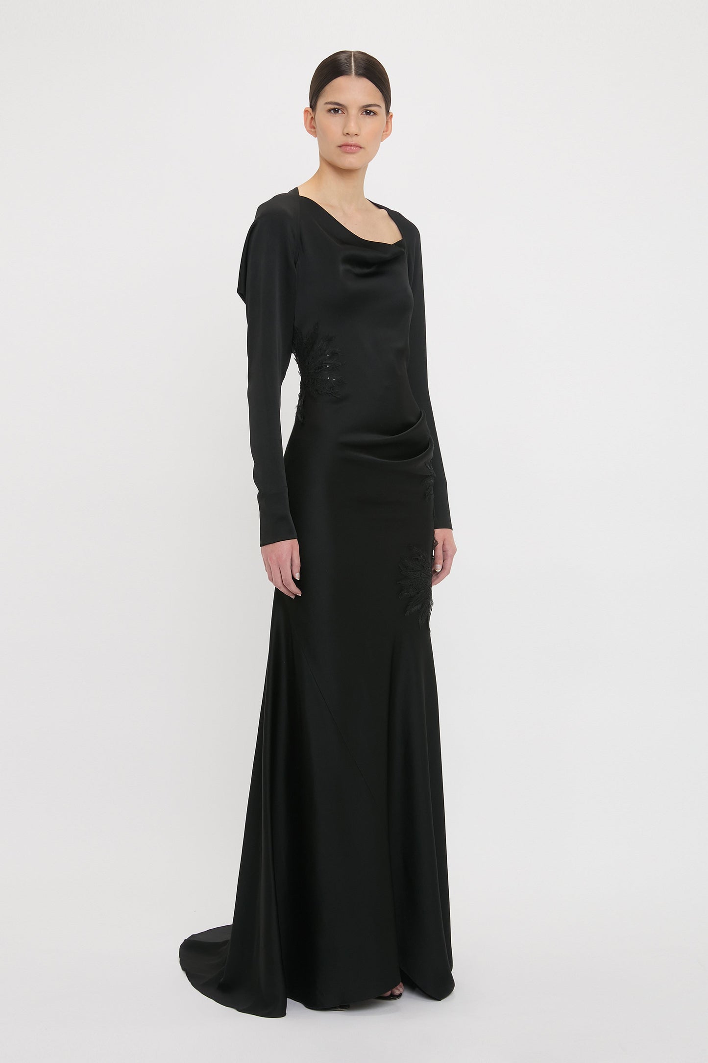 Long Sleeve Lace Applique Floor-Length Gown In Black