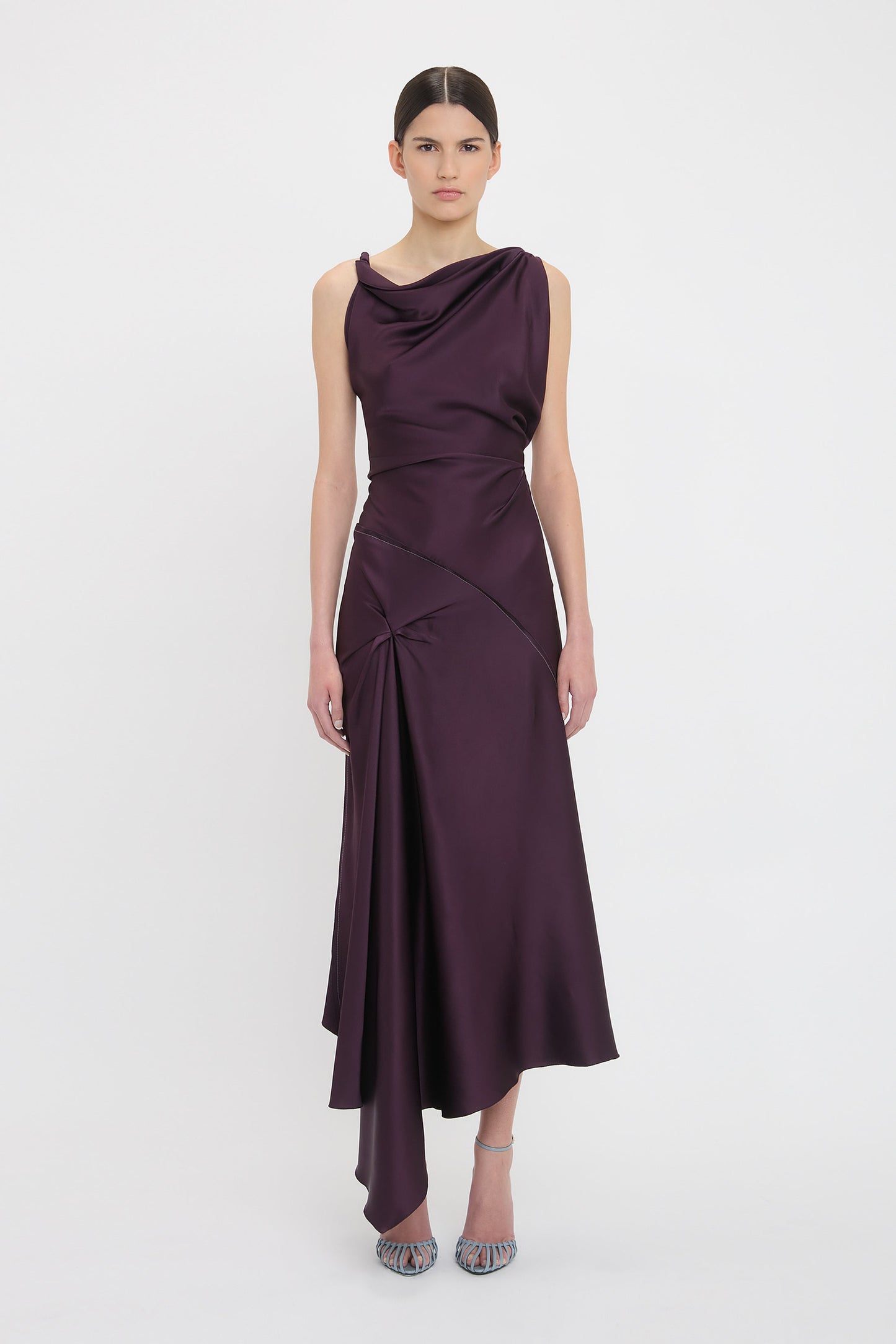 Asymmetric Draped Midi Dress In Fig