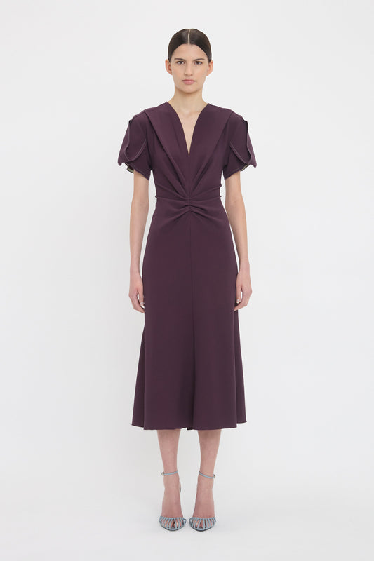 Gathered V-Neck Midi Dress In Fig